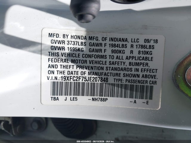 Honda CIVIC EX 2018 19XFC2F75JE207848 Image 9