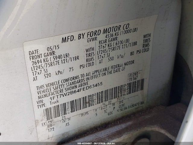 45354907 :رقم المزاد ، 1FT7W2B64FED63455 vin ، 2015 Ford F-250 Xl مزاد بيع