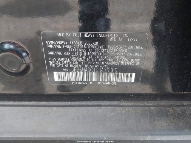 45354927 :رقم المزاد ، JF2SHADC1CH436360 vin ، 2012 Subaru Forester 2.5x Premium مزاد بيع