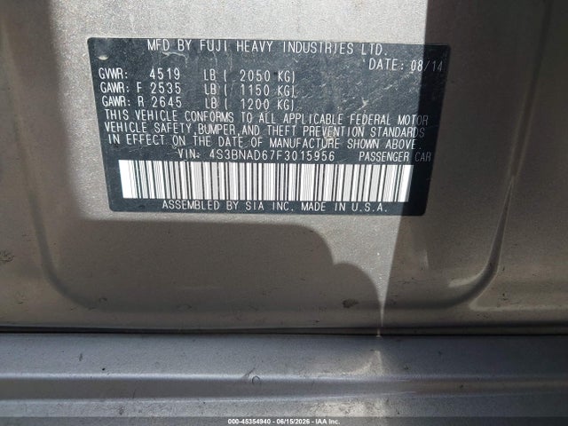 Aukcja sprzedaży 2015 Subaru Legacy 2.5i Premium, vin: 4S3BNAD67F3015956, numer aukcji: 45354940