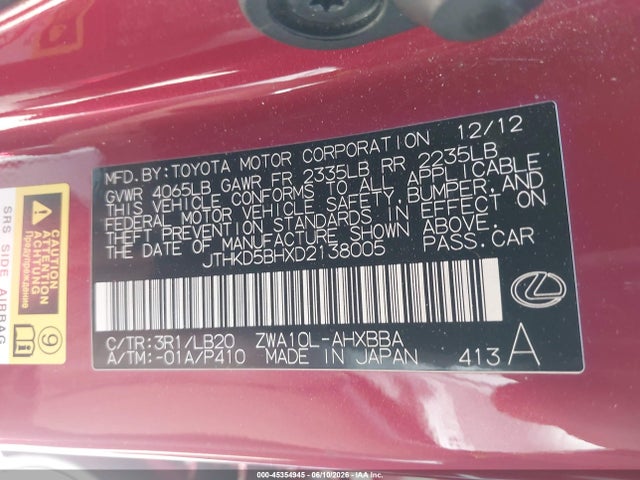 Aukcja sprzedaży 2013 Lexus Ct 200h, vin: JTHKD5BHXD2138005, numer aukcji: 45354945