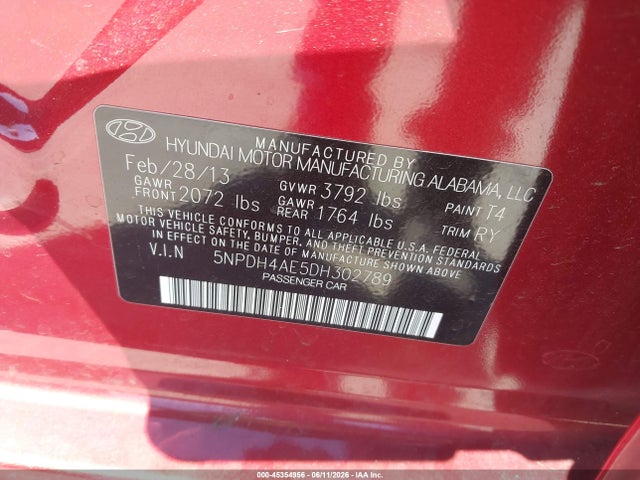 Aukcja sprzedaży 2013 Hyundai Elantra Limited, vin: 5NPDH4AE5DH302789, numer aukcji: 45354956