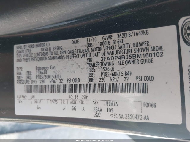 Aukcja sprzedaży 2011 Ford Fiesta Se, vin: 3FADP4BJ5BM160102, numer aukcji: 45354972