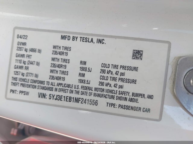 Продаж на аукціоні авто 2022 Tesla Model 3 Long Range Dual Motor All-wheel Drive, vin: 5YJ3E1EB1NF241556, номер лоту: 45354978