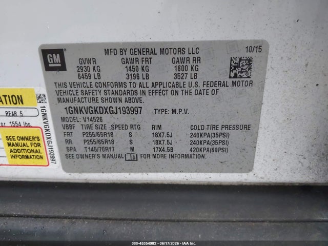 Продажа на аукционе авто 2016 Chevrolet Traverse Lt, vin: 1GNKVGKDXGJ193997, номер лота: 45354982