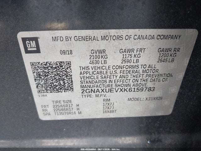 45354984 :رقم المزاد ، 2GNAXUEVXK6159783 vin ، 2019 Chevrolet Equinox Lt مزاد بيع