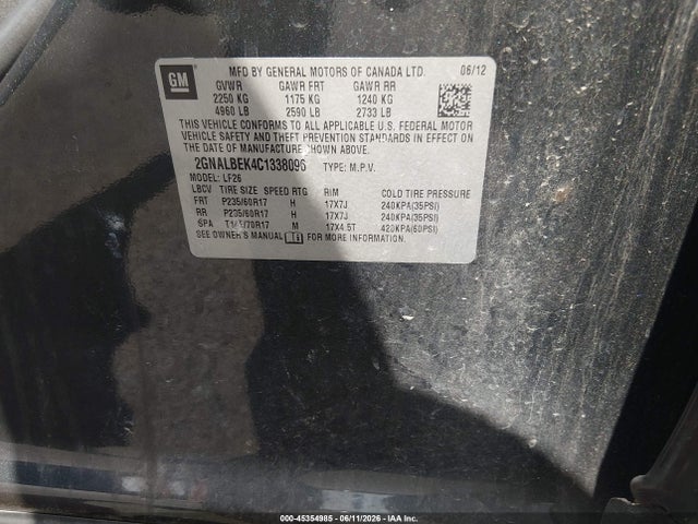 Продажа на аукционе авто 2012 Chevrolet Equinox Ls, vin: 2GNALBEK4C1338096, номер лота: 45354985