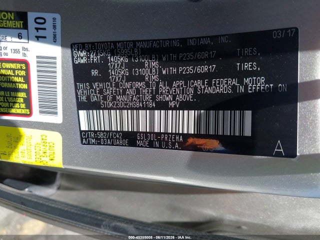 Toyota Sienna Le 8 Passenger 2017 5TDKZ3DC2HS841184 Image 9