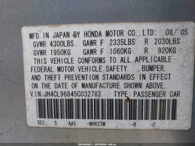 45355011 :رقم المزاد ، JH4CL96845C032783 vin ، 2005 Acura Tsx مزاد بيع