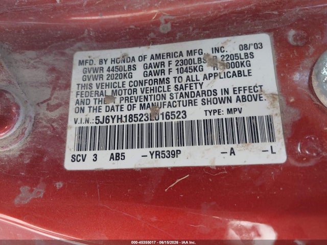 Aukcja sprzedaży 2003 Honda Element Ex, vin: 5J6YH18523L016523, numer aukcji: 45355017