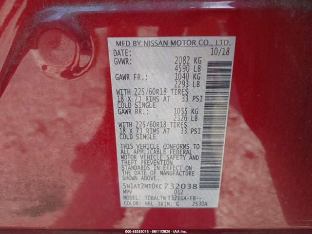 Aukcja sprzedaży 2019 Nissan Rogue Sv, vin: 5N1AT2MT0KC732038, numer aukcji: 45355018