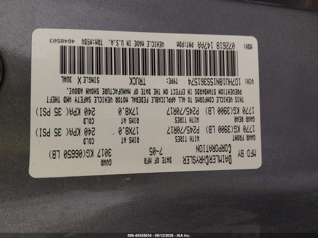 2005 Dodge Ram 1500 Slt/laramie მანქანა იყიდება აუქციონზე, vin: 1D7HU18N15S361574, აუქციონის ნომერი: 45355034