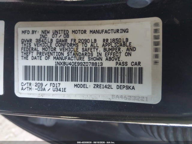 Aukcja sprzedaży 2009 Toyota Corolla S, vin: 1NXBU40E99Z078813, numer aukcji: 45355039