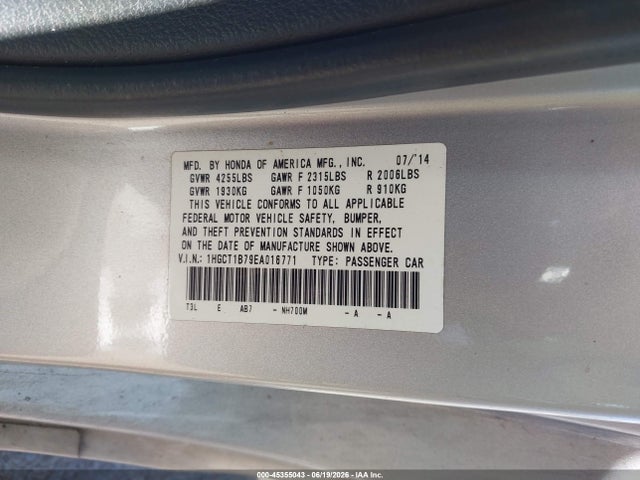 Honda ACCORD EX 2014 1HGCT1B79EA016771 Image 9