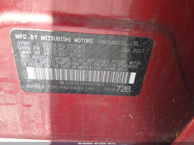 45355044 :رقم المزاد ، ML32A3HJXHH020969 vin ، 2017 Mitsubishi Mirage Es مزاد بيع