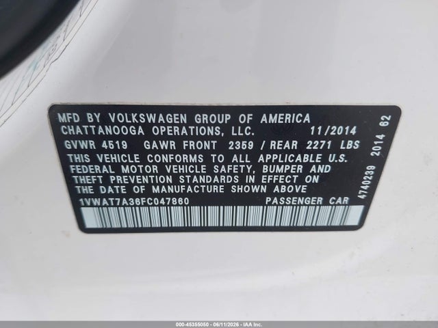 Aukcja sprzedaży 2015 Volkswagen Passat 1.8t Wolfsburg Edition, vin: 1VWAT7A36FC047860, numer aukcji: 45355050