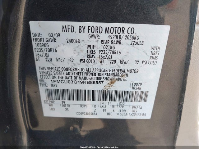 Продажа на аукционе авто 2009 Ford Escape Xlt, vin: 1FMCU03G19KB86557, номер лота: 45355053