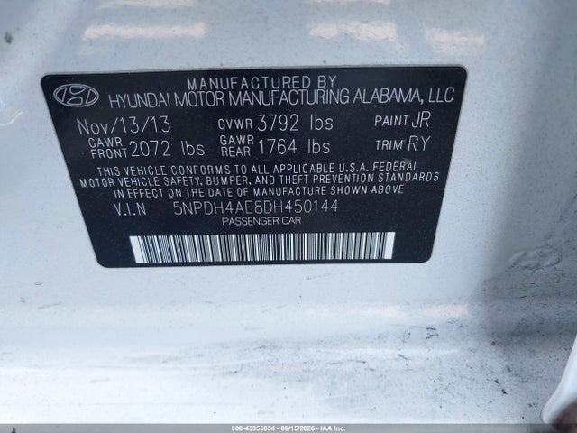 Продаж на аукціоні авто 2013 Hyundai Elantra Limited, vin: 5NPDH4AE8DH450144, номер лоту: 45355054