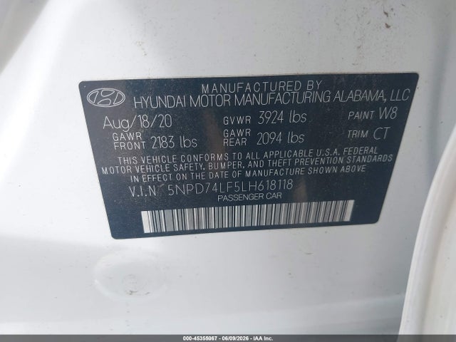 Продажа на аукционе авто 2020 Hyundai Elantra Se, vin: 5NPD74LF5LH618118, номер лота: 45355067