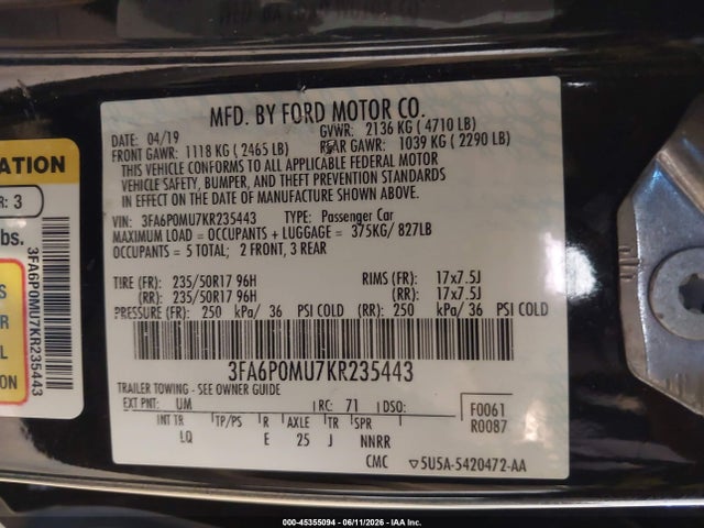 3FA6P0MU7KR235443 Ford Fusion Hybrid Sel