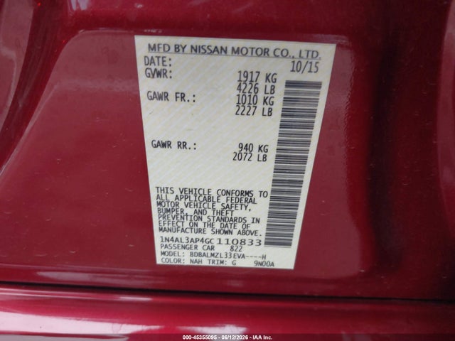 1N4AL3AP4GC110833 Nissan Altima 2.5 Sv