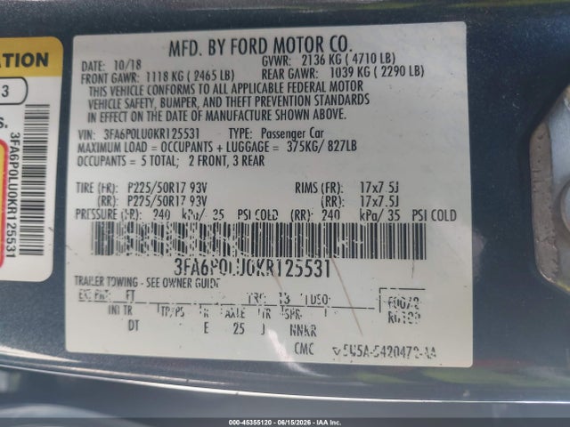 Ford Fusion Hybrid Se 2019 3FA6P0LU0KR125531 Image 9