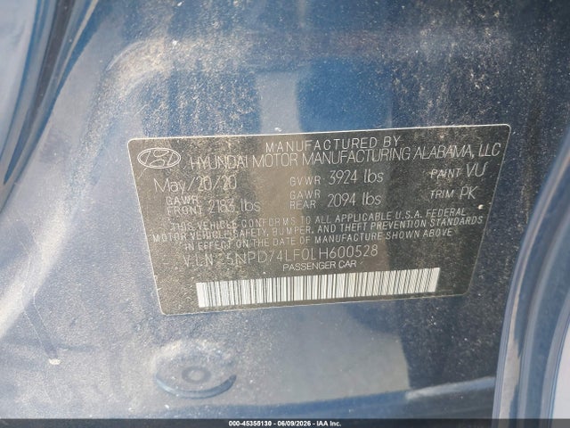 Продажа на аукционе авто 2020 Hyundai Elantra Se, vin: 5NPD74LF0LH600528, номер лота: 45355130