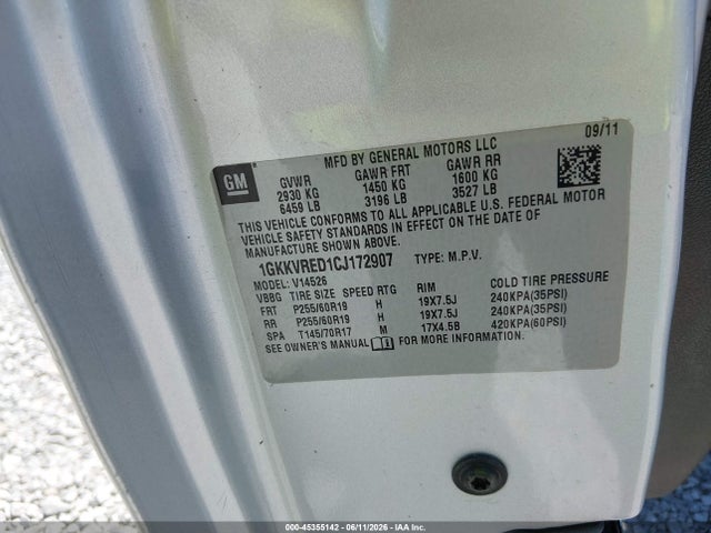 45355142 :رقم المزاد ، 1GKKVRED1CJ172907 vin ، 2012 Gmc Acadia Slt-1 مزاد بيع