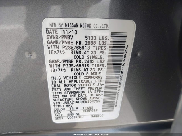 Nissan MURANO S 2014 JN8AZ1MU0EW404759 Image 9