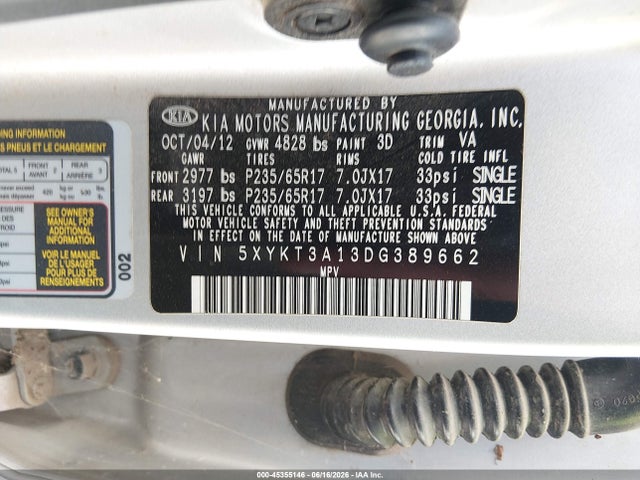45355146 :رقم المزاد ، 5XYKT3A13DG389662 vin ، 2013 Kia Sorento Lx مزاد بيع