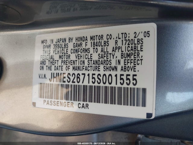 Aukcja sprzedaży 2005 Honda Civic Ex, vin: JHMES26715S001555, numer aukcji: 45355170