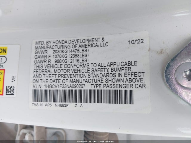 1HGCV1F33NA090267 Honda Accord Sport