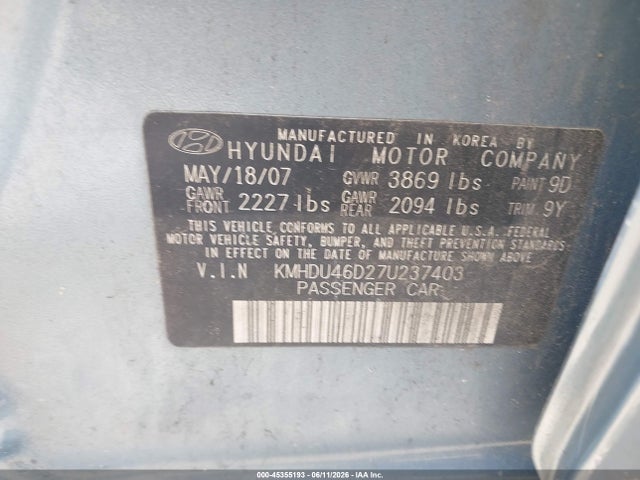 Auction sale of the 2007 Hyundai Elantra Gls/limited/ltd/se, vin: KMHDU46D27U237403, lot number: 45355193