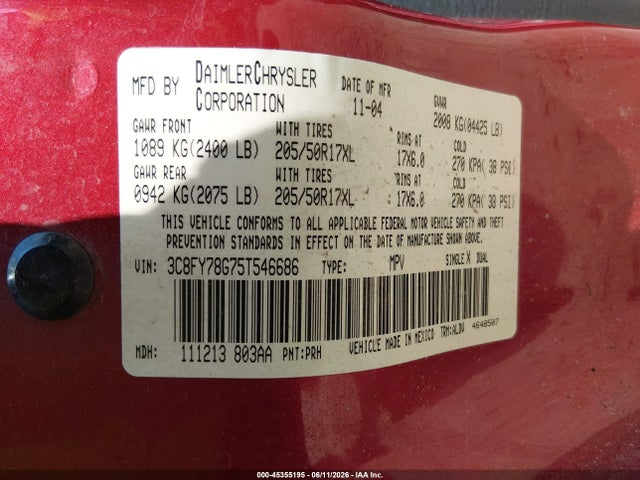 Продаж на аукціоні авто 2005 Chrysler Pt Cruiser Gt, vin: 3C8FY78G75T546686, номер лоту: 45355195