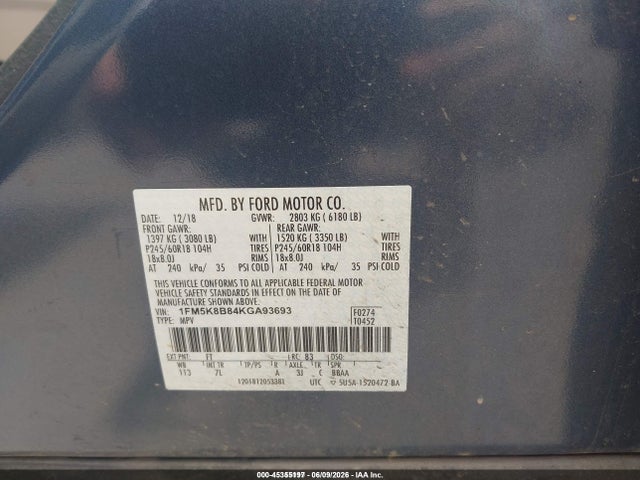 1FM5K8B84KGA93693 Ford Explorer