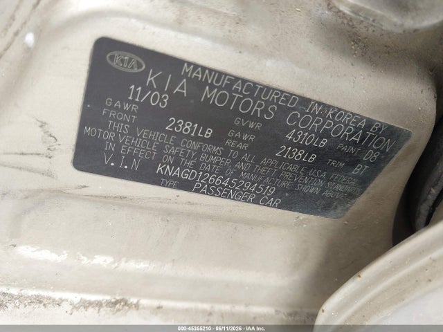 45355210 :رقم المزاد ، KNAGD126645294519 vin ، 2004 Kia Optima Ex/lx مزاد بيع