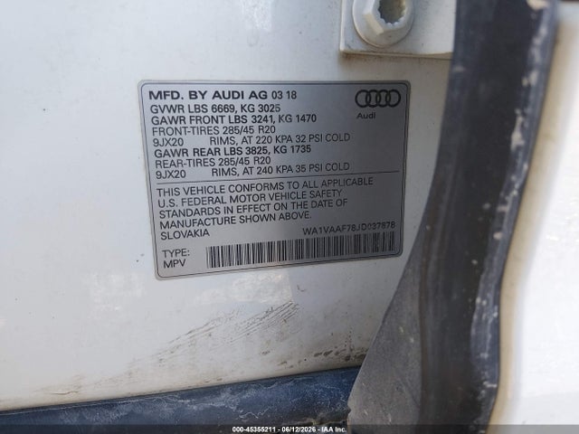Продажа на аукционе авто 2018 Audi Q7 3.0t Premium, vin: WA1VAAF78JD037878, номер лота: 45355211