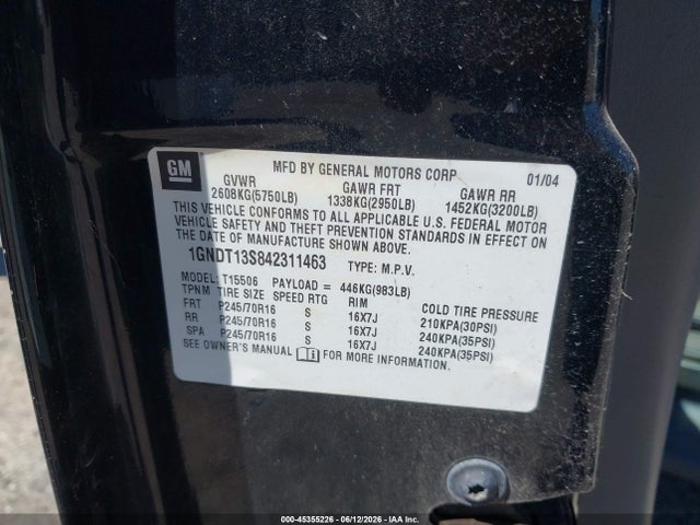 Продажа на аукционе авто 2004 Chevrolet Trailblazer Lt, vin: 1GNDT13S842311463, номер лота: 45355226