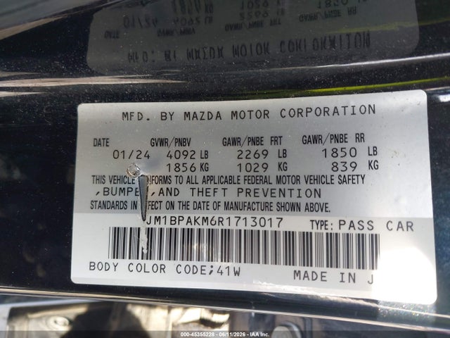 45355228 :رقم المزاد ، JM1BPAKM6R1713017 vin ، 2024 Mazda Mazda3 2.5 S Select Sport مزاد بيع
