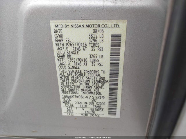 2006 Nissan Frontier Se მანქანა იყიდება აუქციონზე, vin: 1N6AD07W06C475509, აუქციონის ნომერი: 45355231