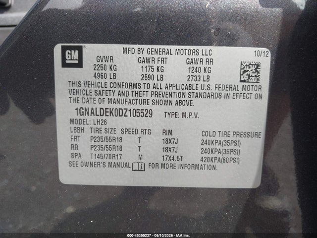 Aukcja sprzedaży 2013 Chevrolet Equinox 1lt, vin: 1GNALDEK0DZ105529, numer aukcji: 45355237