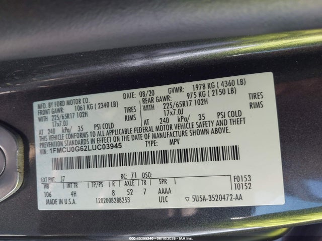 Ford ESCAPE SE 2020 1FMCU0G62LUC03945 Image 9