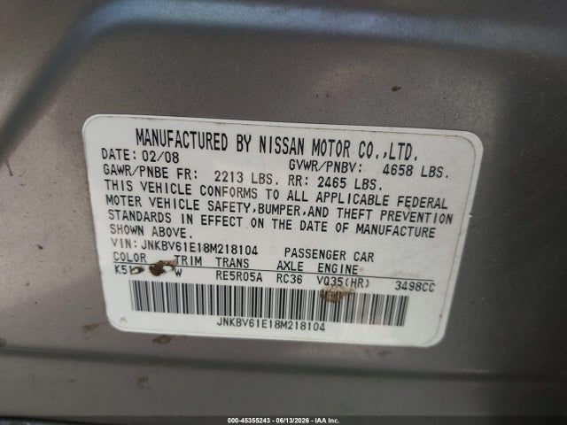 Продажа на аукционе авто 2008 Infiniti G35 Journey, vin: JNKBV61E18M218104, номер лота: 45355243