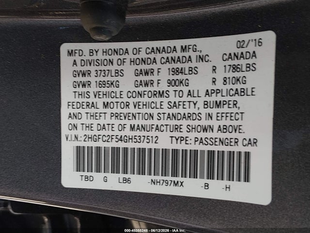 Honda Civic Lx 2016 2HGFC2F54GH537512 Image 9