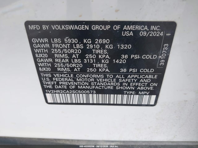 45355256 :رقم المزاد ، 1V2HR2CA2SC500573 vin ، 2025 Volkswagen Atlas 2.0t Se W/technology مزاد بيع