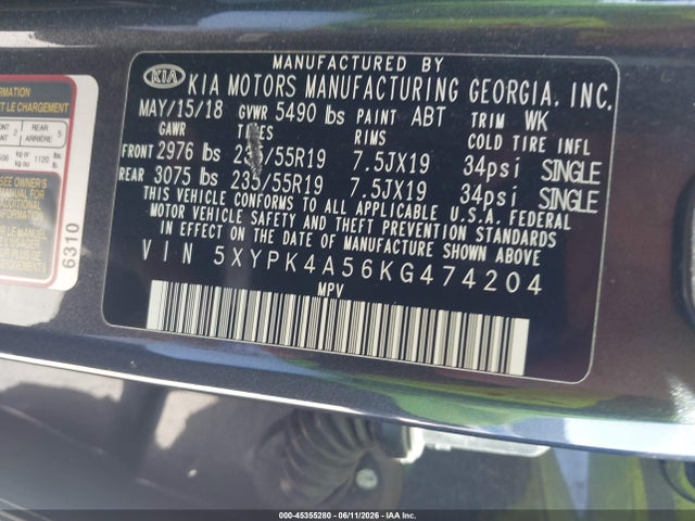 5XYPK4A56KG474204 KIA Sorento 3.3l Sxl