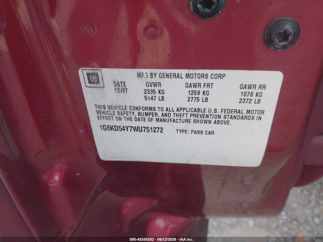 1998 Cadillac Deville Standard მანქანა იყიდება აუქციონზე, vin: 1G6KD54Y7WU751272, აუქციონის ნომერი: 45355282