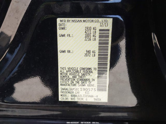 Aukcja sprzedaży 2014 Nissan Altima 2.5 S, vin: 1N4AL3AP5EC190575, numer aukcji: 45355297