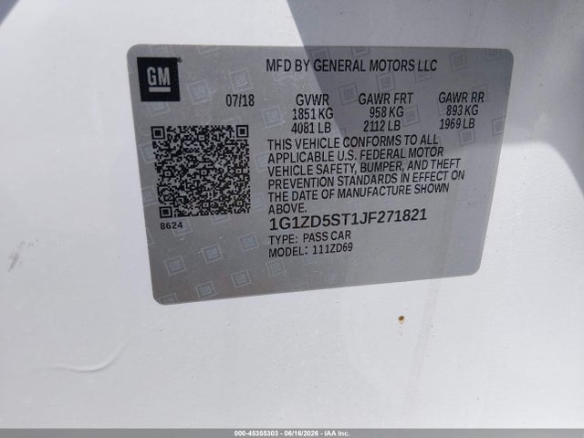 45355303 :رقم المزاد ، 1G1ZD5ST1JF271821 vin ، 2018 Chevrolet Malibu Lt مزاد بيع