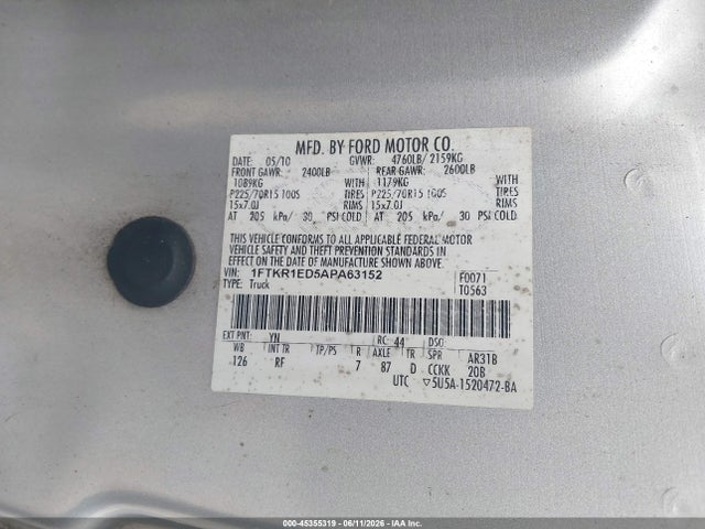 Aukcja sprzedaży 2010 Ford Ranger Xl/xlt, vin: 1FTKR1ED5APA63152, numer aukcji: 45355319